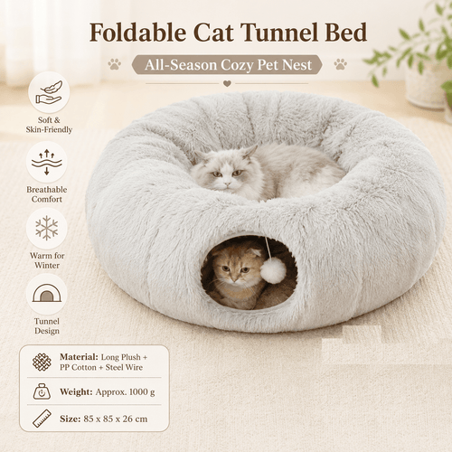 Grey Foldable Cat Tunnel Bed Plush 2 in 1 Nest