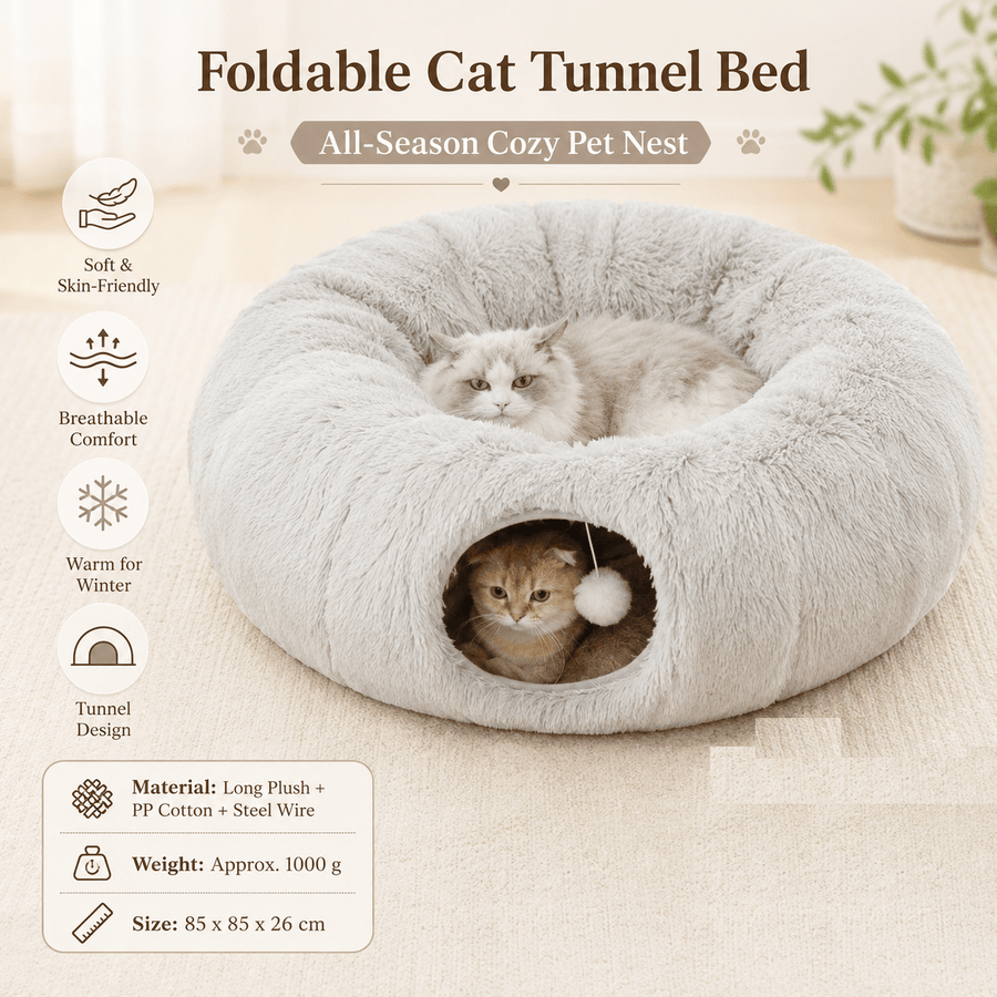 Grey Foldable Cat Tunnel Bed Plush 2 in 1 Nest - KAZIPAWS