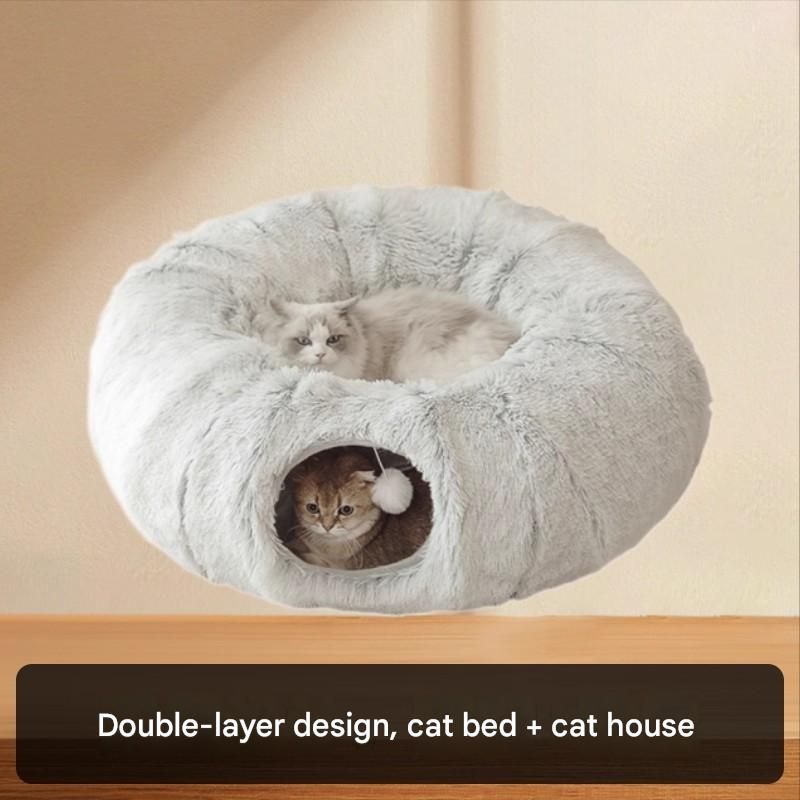 Grey Foldable Cat Tunnel Bed Plush 2 in 1 Nest - KAZIPAWS