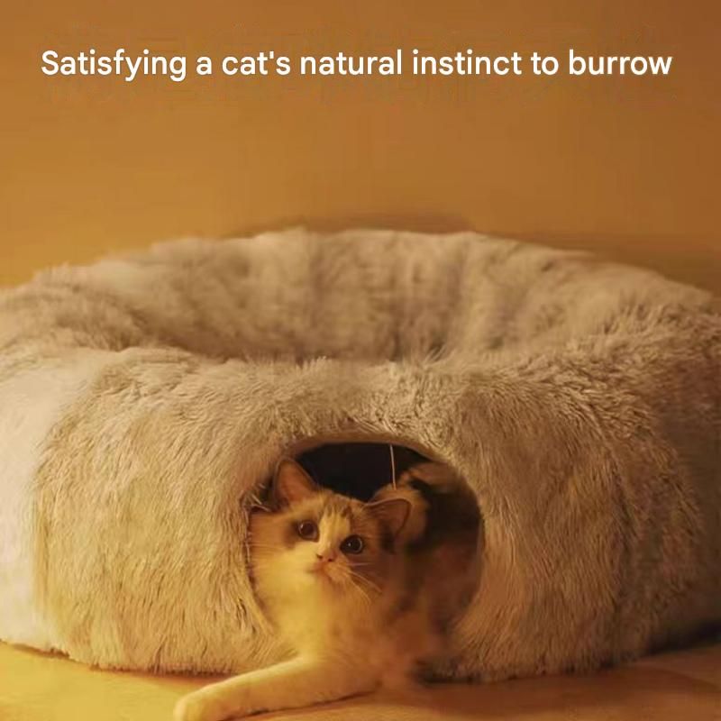 Grey Foldable Cat Tunnel Bed Plush 2 in 1 Nest - KAZIPAWS