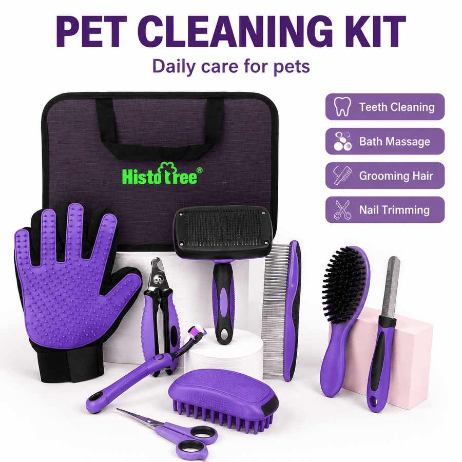 Pet Grooming & Cleaning Kit 9 Piece Set with Shedding Brush, Steel Comb + Scissors, Nail Clippers + File, Bath Brush + Massage Glove, 3 Head Toothbrush and Storage Bag for Dog & Cat - KAZIPAWS