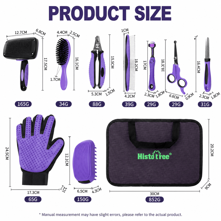 Pet Grooming & Cleaning Kit 9 Piece Set with Shedding Brush, Steel Comb + Scissors, Nail Clippers + File, Bath Brush + Massage Glove, 3 Head Toothbrush and Storage Bag for Dog & Cat - KAZIPAWS
