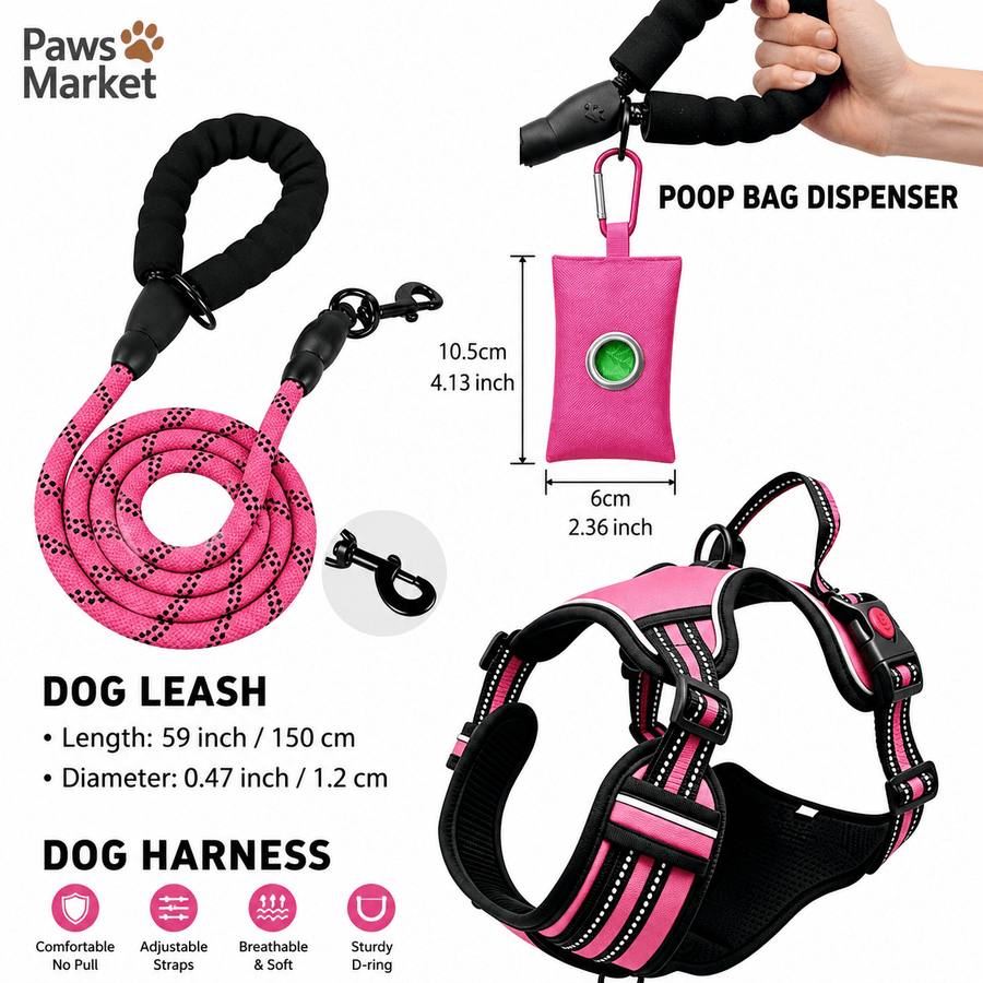 3-Piece No Pull Dog Harness and Leash Set with Poop Bag Holder - KAZIPAWS