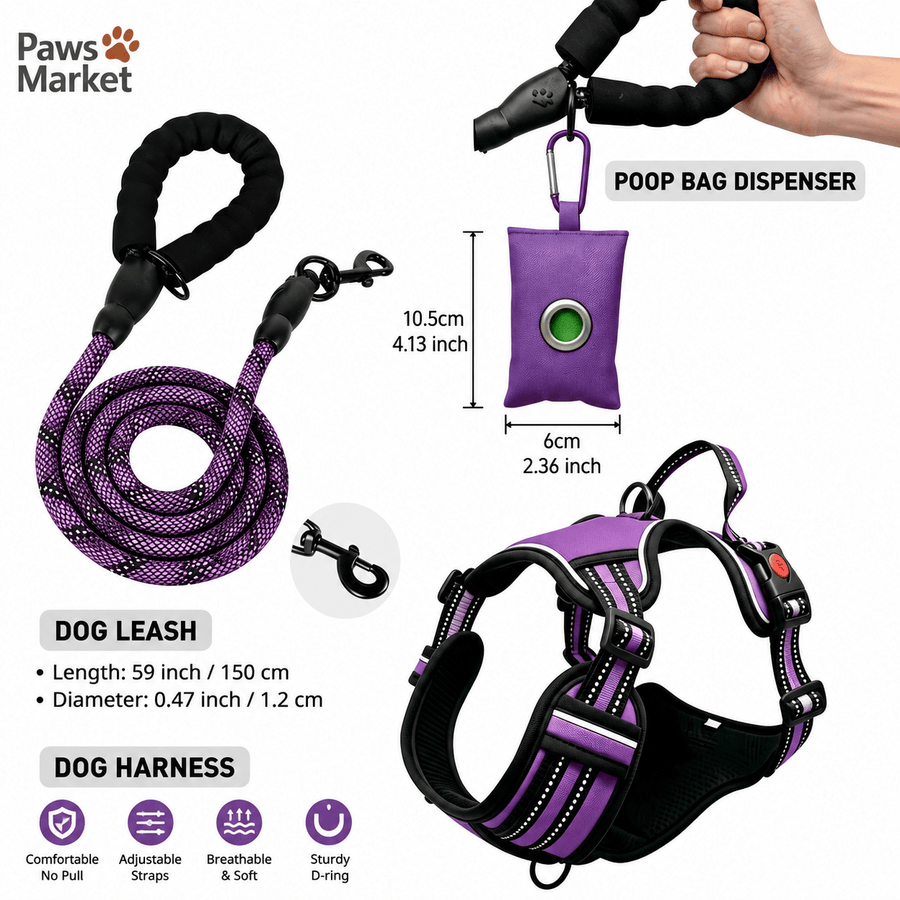 3-Piece No Pull Dog Harness and Leash Set - Purple