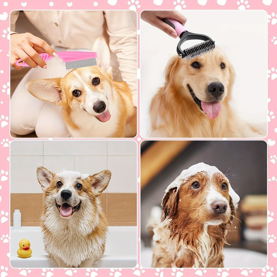 7PCS Pink Pet Grooming, Nail and Oral Care Kit - Selfcleaning Slicker Brush, Dematting Rake, Nail Clipper / File, Flea Comb & Silicone Finger Toothbrushes for Dog Cat - KAZIPAWS