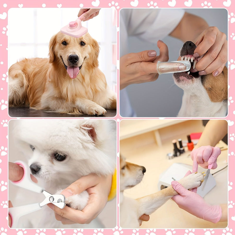7PCS Pink Pet Grooming, Nail and Oral Care Kit - Selfcleaning Slicker Brush, Dematting Rake, Nail Clipper / File, Flea Comb & Silicone Finger Toothbrushes for Dog Cat - KAZIPAWS