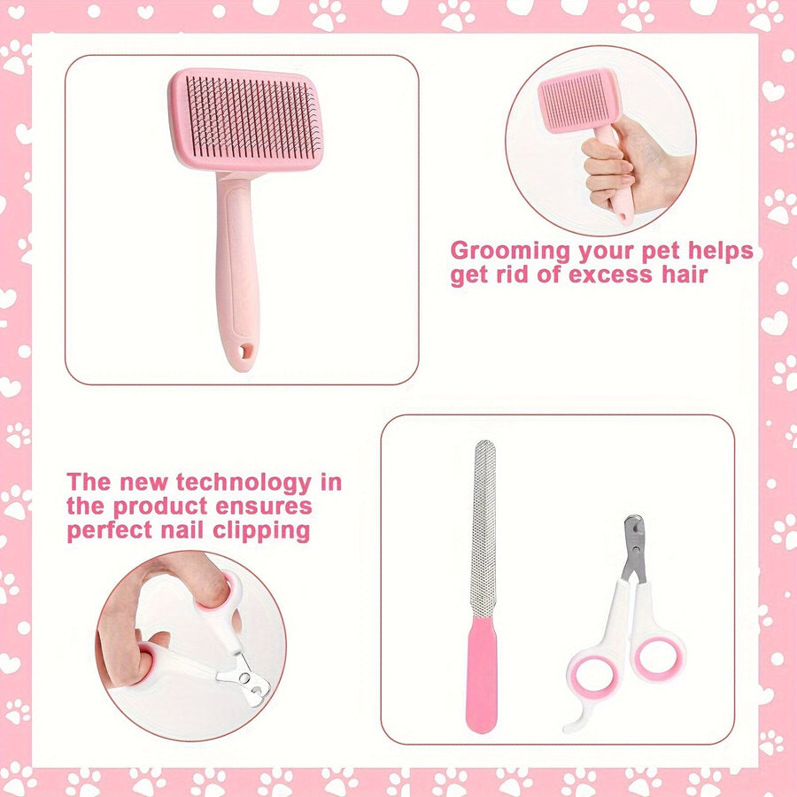 7PCS Pink Pet Grooming, Nail and Oral Care Kit - Selfcleaning Slicker Brush, Dematting Rake, Nail Clipper / File, Flea Comb & Silicone Finger Toothbrushes for Dog Cat - KAZIPAWS