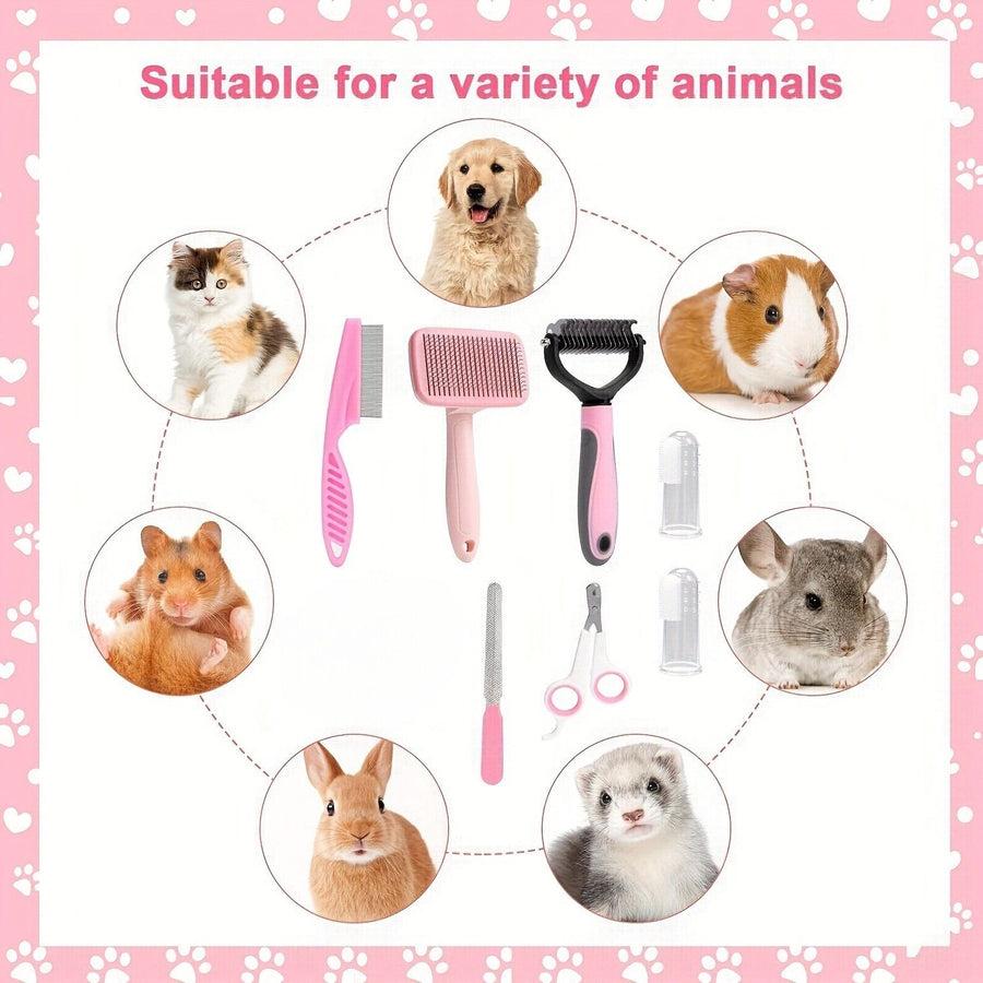 7PCS Pink Pet Grooming, Nail and Oral Care Kit - Selfcleaning Slicker Brush, Dematting Rake, Nail Clipper / File, Flea Comb & Silicone Finger Toothbrushes for Dog Cat - KAZIPAWS