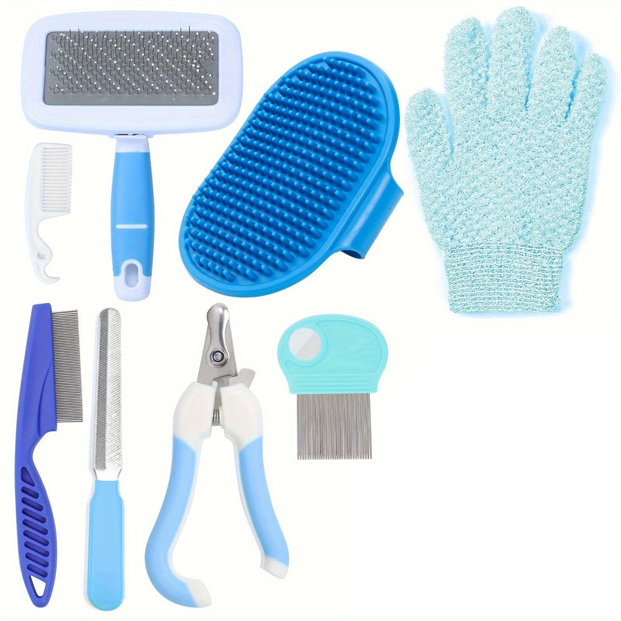 Blue 8-Piece Pet Grooming Kit - Nail Clippers, Slicker Brush, Flea Comb & Bath Glove for Dogs Cats Rabbits, Complete Home Care Pet Set - KAZIPAWS