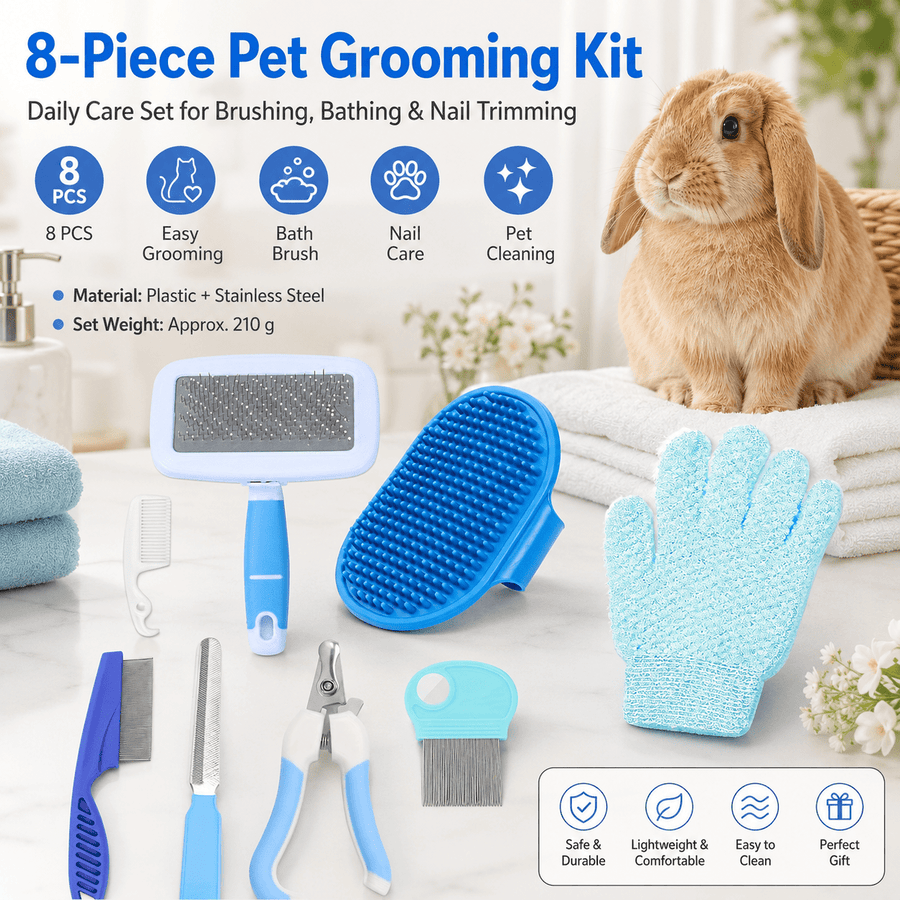 Blue 8-Piece Pet Grooming Kit - Nail Clippers, Slicker Brush, Flea Comb & Bath Glove for Dogs Cats Rabbits, Complete Home Care Pet Set - KAZIPAWS