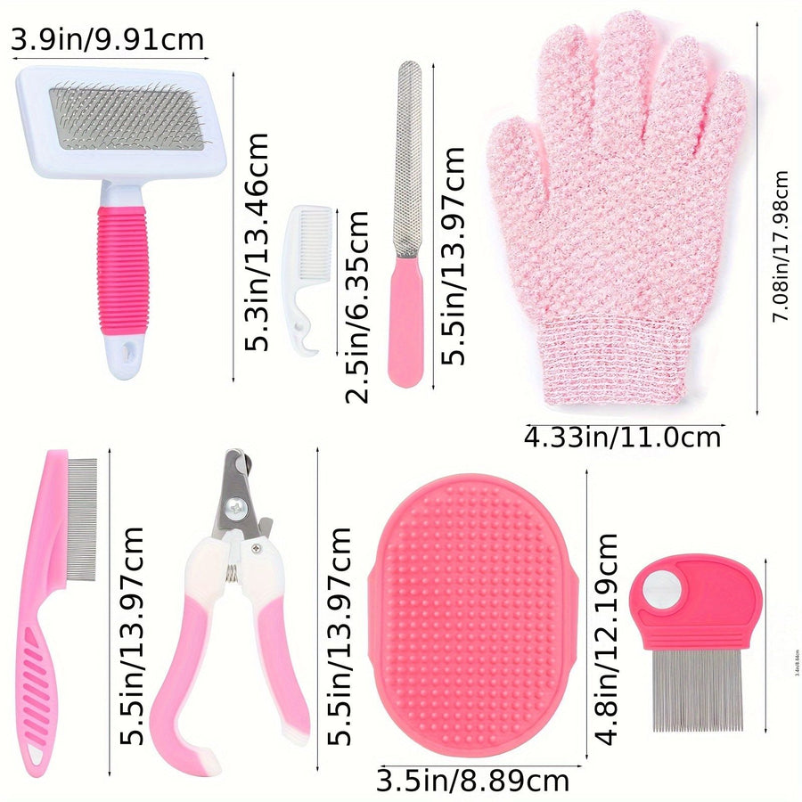 Blue 8-Piece Pet Grooming Kit - Nail Clippers, Slicker Brush, Flea Comb & Bath Glove for Dogs Cats Rabbits, Complete Home Care Pet Set - KAZIPAWS