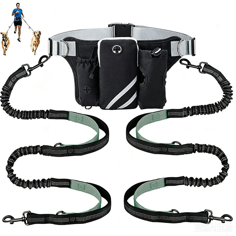 Hands Free Dog Leash Running Belt with Adjustable Bungee Lead(Gray), Multi Pocket Outdoor Waist Bag and Free Roll of 15 Poop Bags for Walking, Jogging and Running - KAZIPAWS