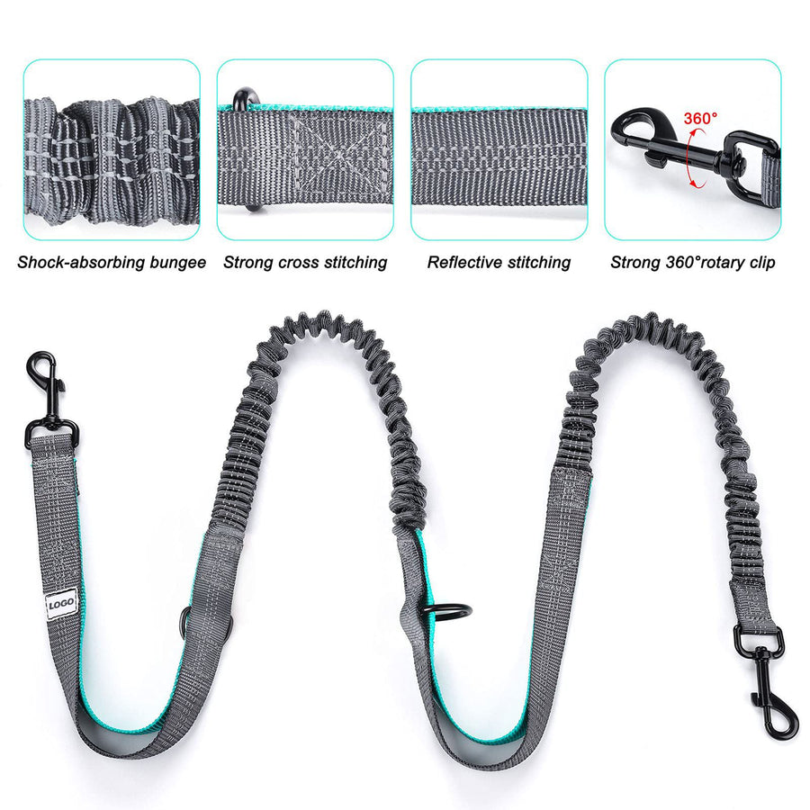 Hands Free Dog Leash Running Belt with Adjustable Bungee Lead(Gray), Multi Pocket Outdoor Waist Bag and Free Roll of 15 Poop Bags for Walking, Jogging and Running - KAZIPAWS