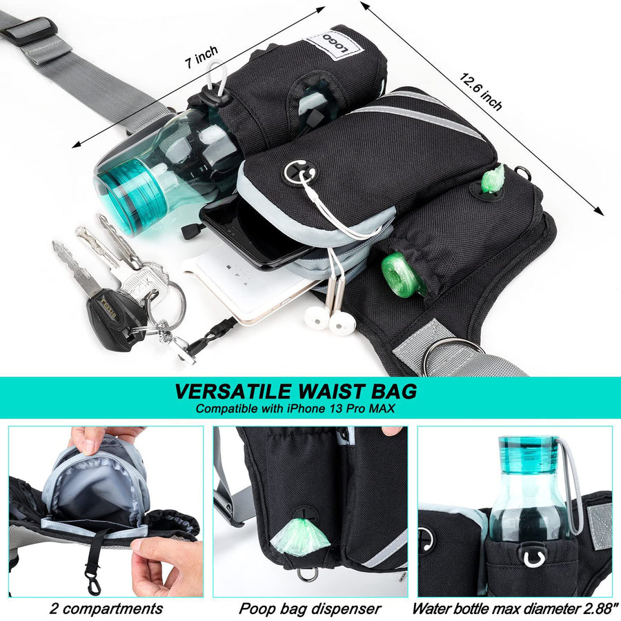 Hands Free Dog Leash Running Belt with Adjustable Bungee Lead(Gray), Multi Pocket Outdoor Waist Bag and Free Roll of 15 Poop Bags for Walking, Jogging and Running - KAZIPAWS